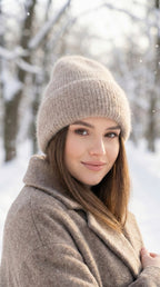 folded angora wool beanie with smooth silk lining