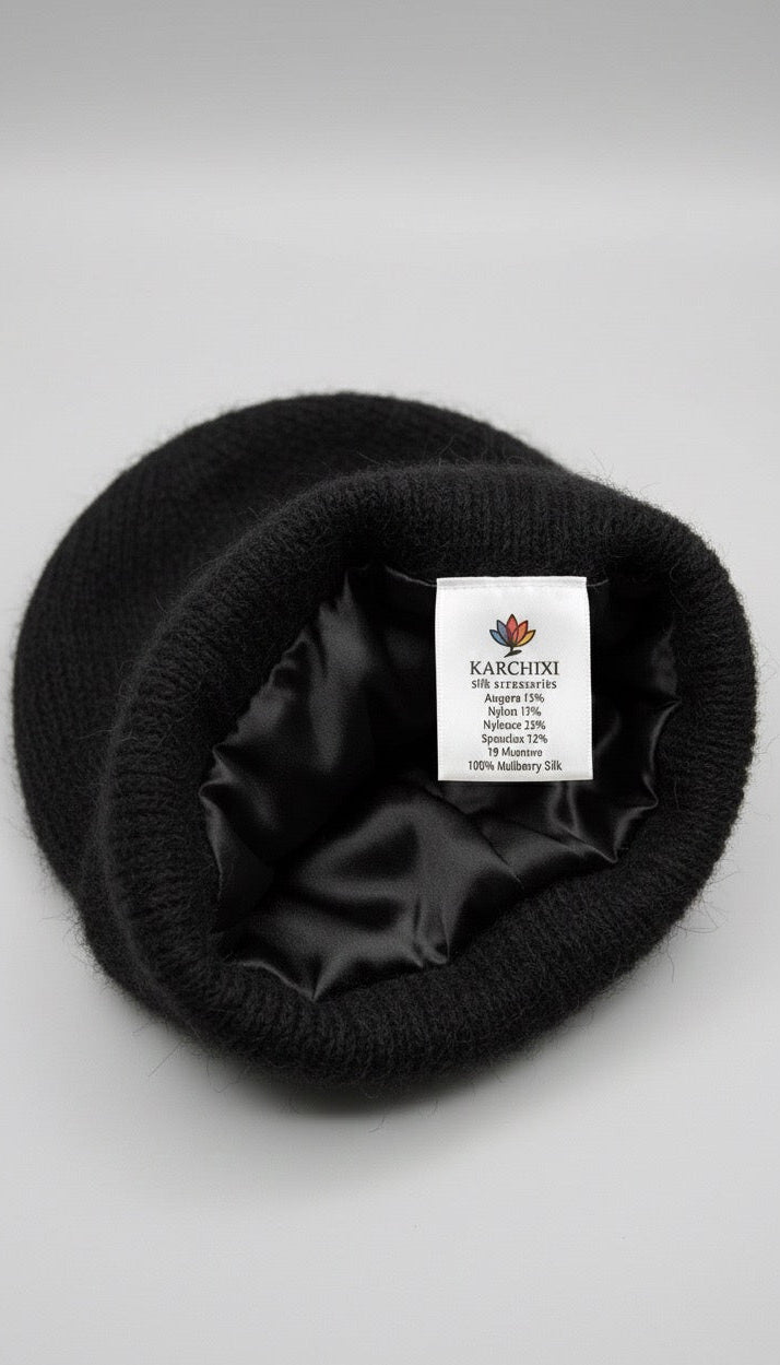Black knit beanie with silk lining and karchixi logo