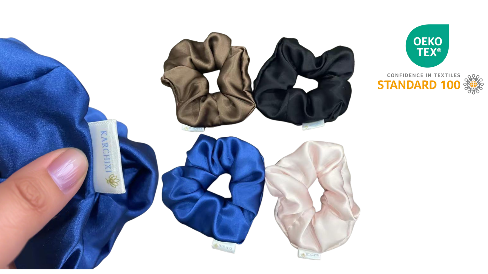 Set of satin scrunchies in blue, brown, black, and pink with a hand holding a blue scrunchie.