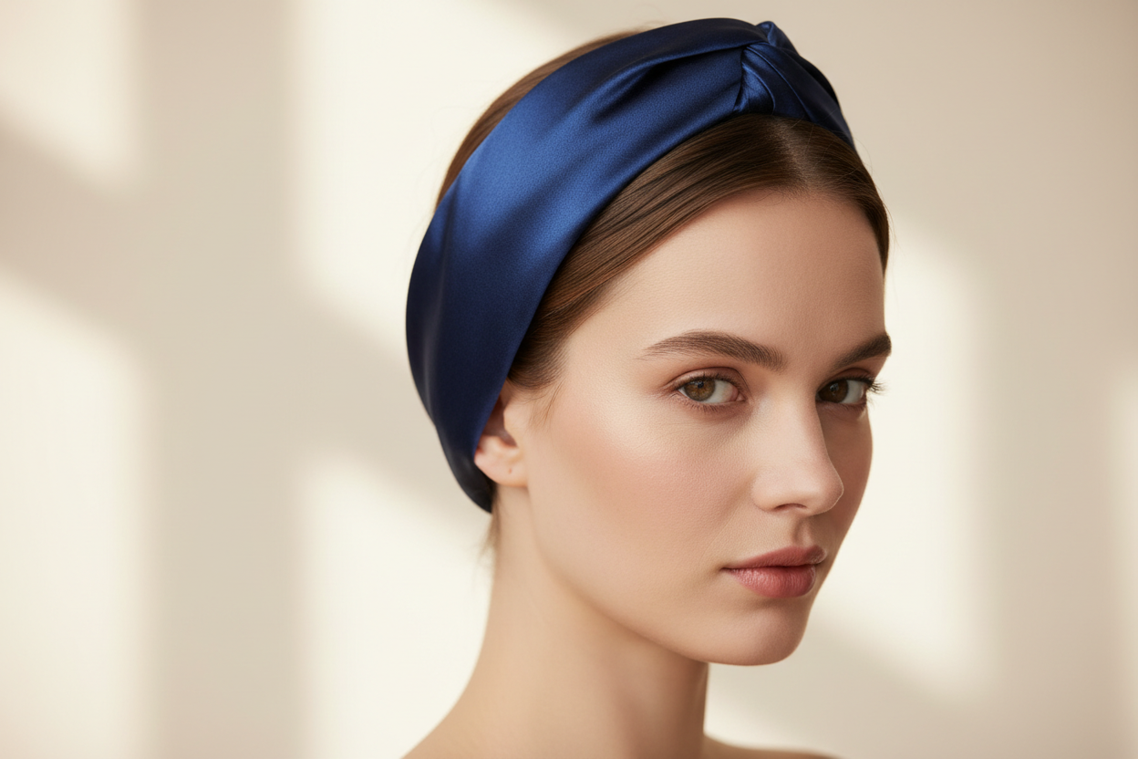 A luxurious dark blue silk hairband worn by an elegant woman. The silk has a smooth, glossy sheen with subtle light reflections. The woman has natural makeup and soft, refined features, styled in a modern minimalist aesthetic. Neutral background, soft daylight, premium fashion photography style, shallow depth of field, high resolution, focus on texture and elegance of the silk