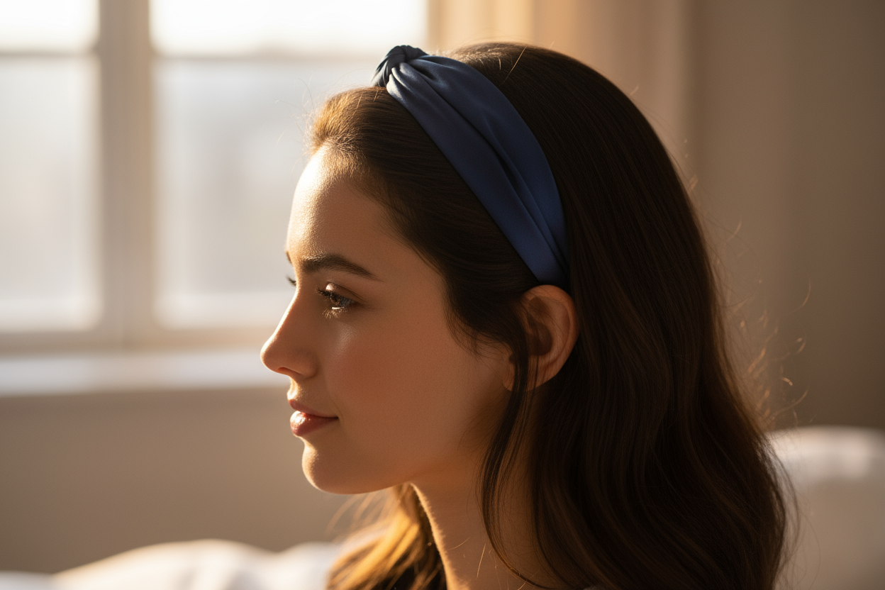 dark blue pure silk hairband (medium narrow) on hair, view on the side, morning lights