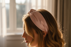 light pink pure silk hair band on hair, view on the side, morning lights