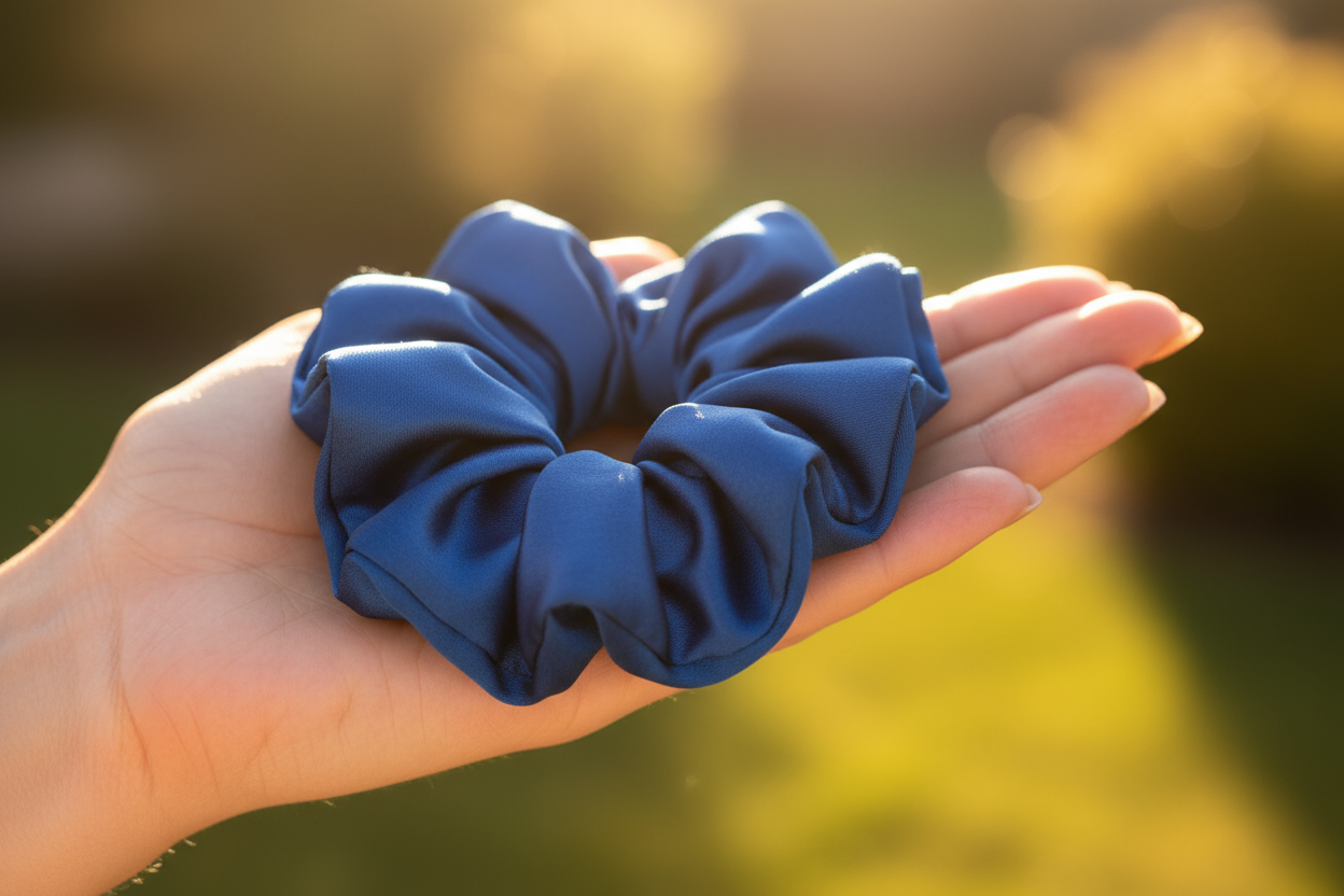 medium blue (intense)  pure silk big scrunchie on women hand, sunny theme