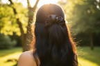 pure black big scrunchie in bkack hair, sunny theme