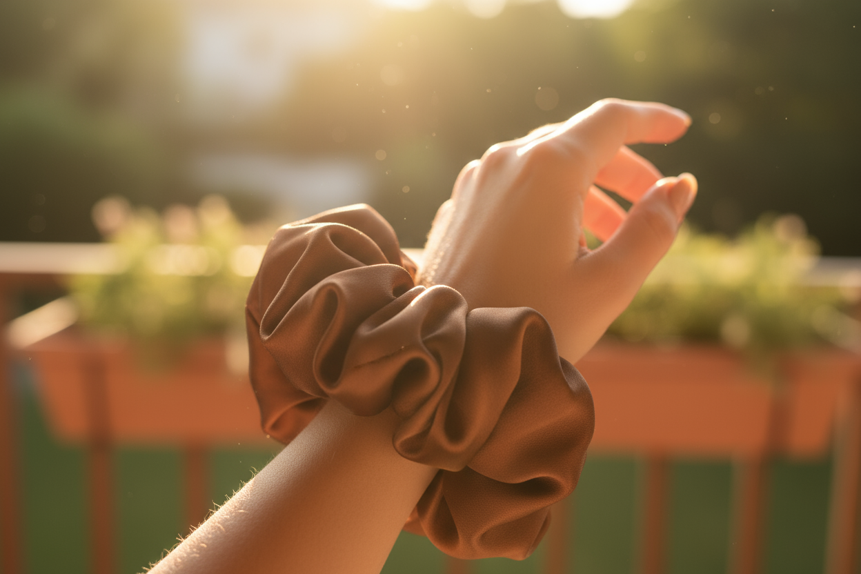 Close-up of a hand wearing two brown scrunchies with a blurred outdoor background