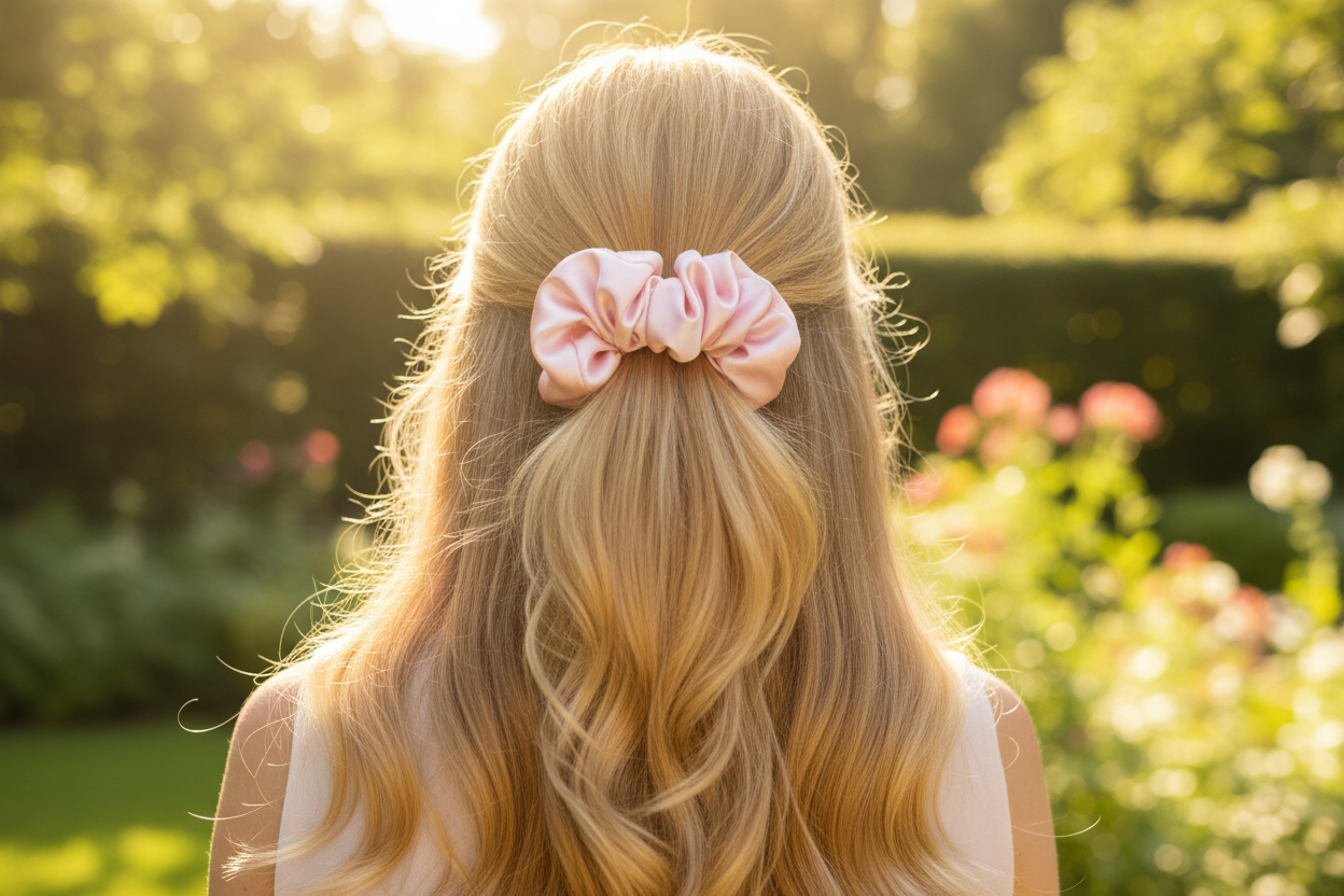 Person with long blonde hair tied with a pink scrunchie in a garden setting