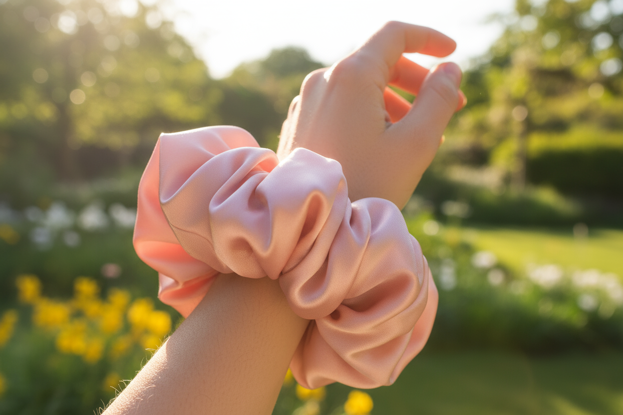 pure light pink silk big scrunchie on hand, sunny theme