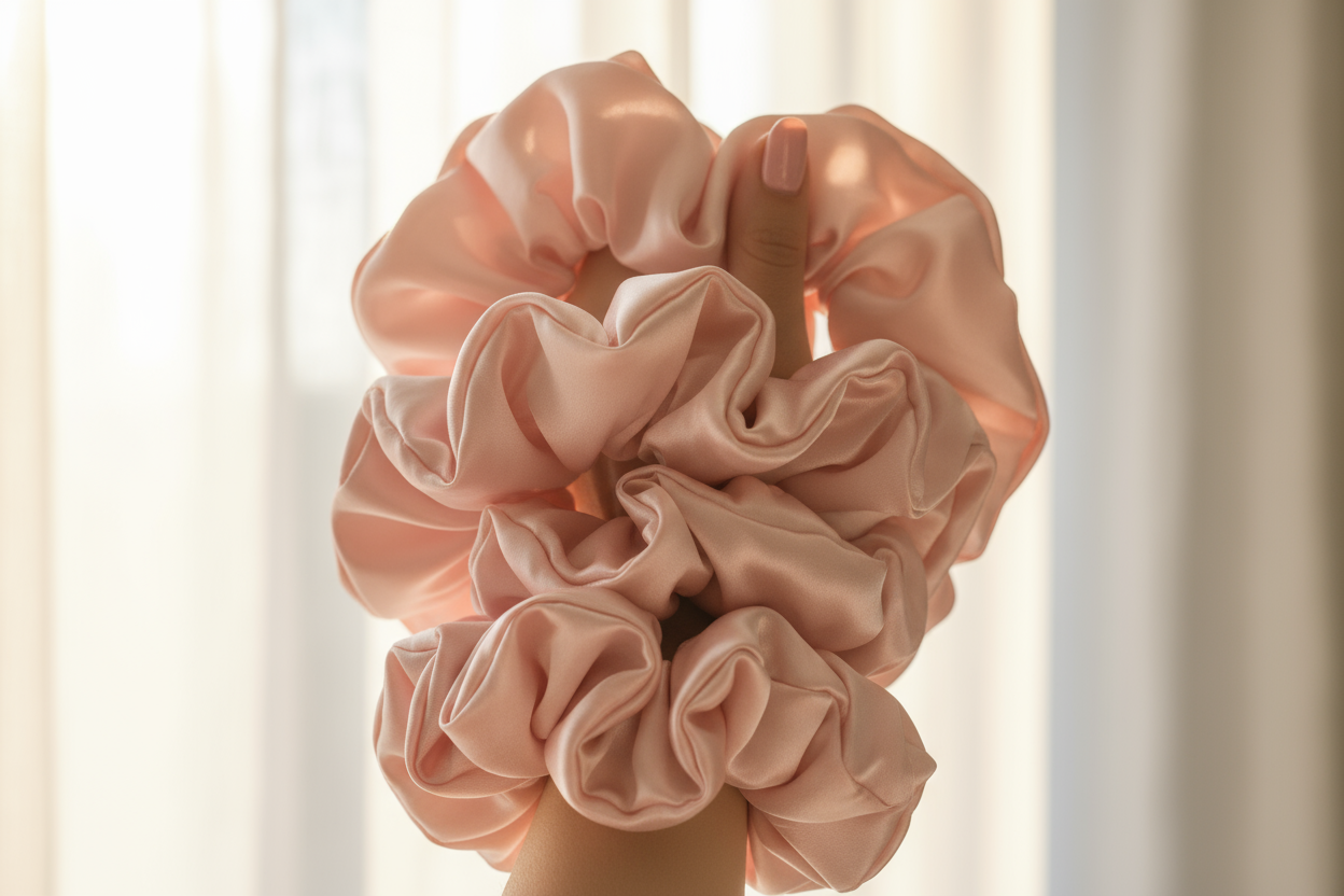 pure light pink silk big scrunchies on hand, sunny theme