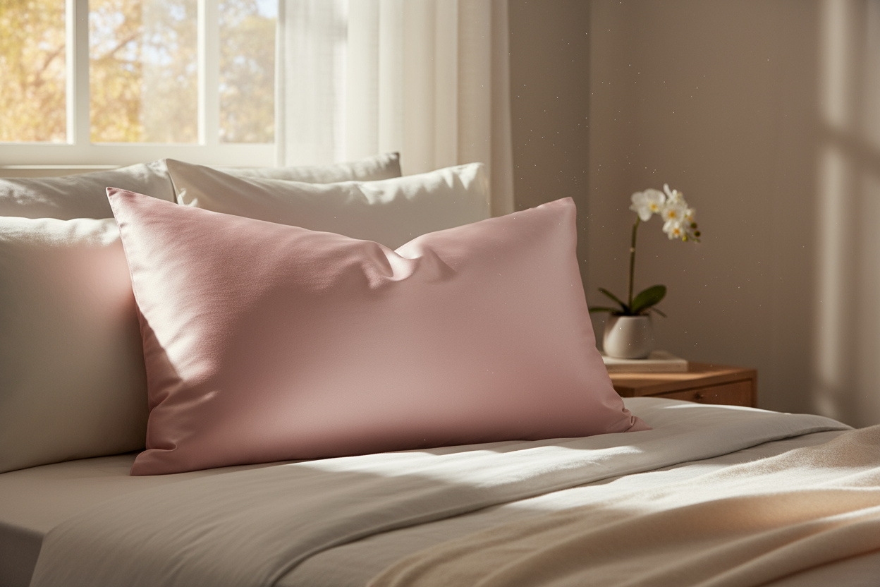 silk pillowcase light pink in bed
