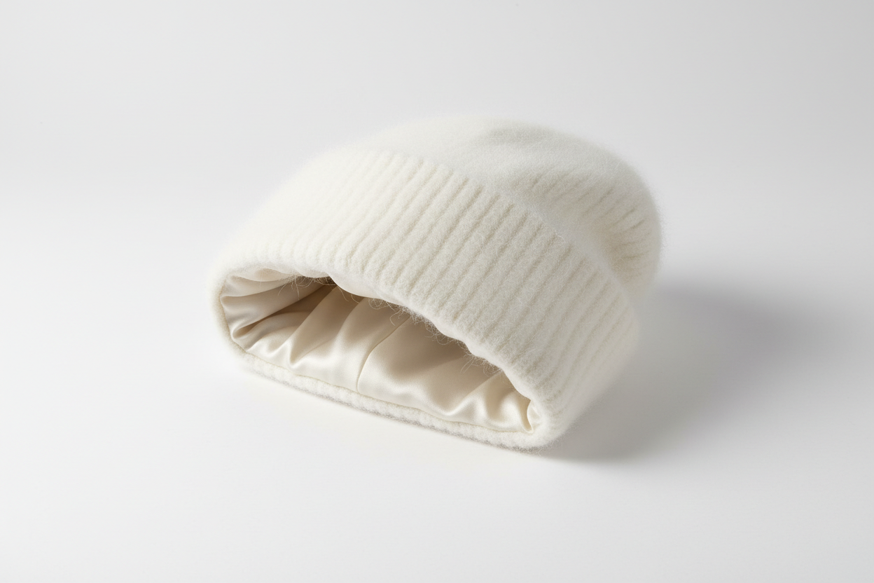 White knit beanie with silk inside. no frizz for hair